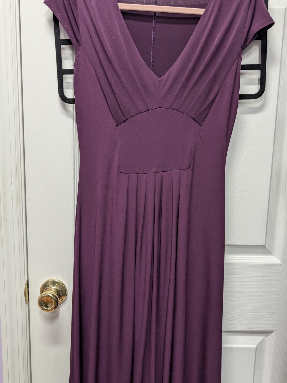 Plum Purple V-Neck Ruched Bust Empire Waist Midi Dress